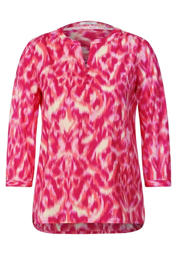 344611- 3/4 Sleeve Brush Stroke Print Top- Pink Sorbet- Cecil