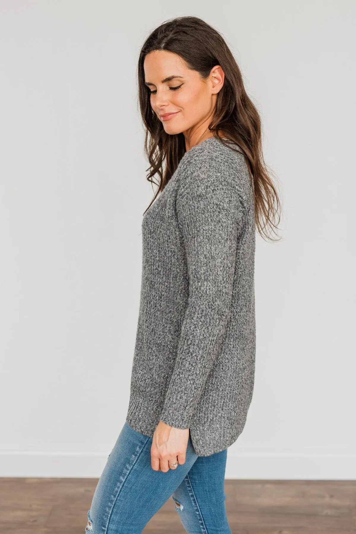 Because Of You Waffle Knit Sweater- Charcoal