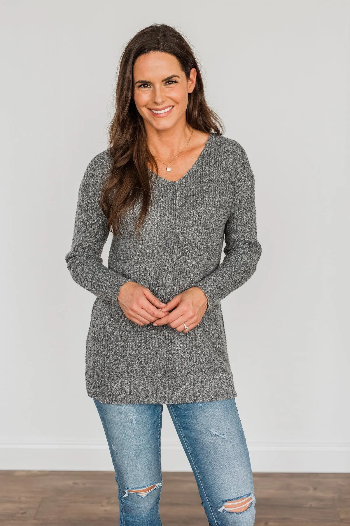 Because Of You Waffle Knit Sweater- Charcoal