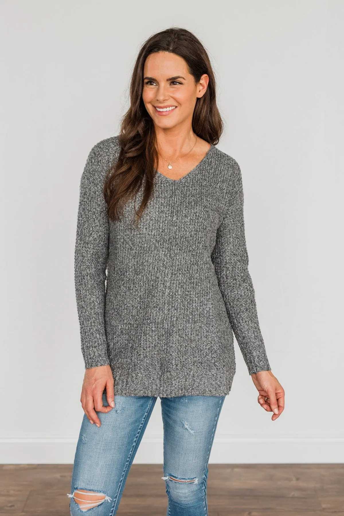 Because Of You Waffle Knit Sweater- Charcoal