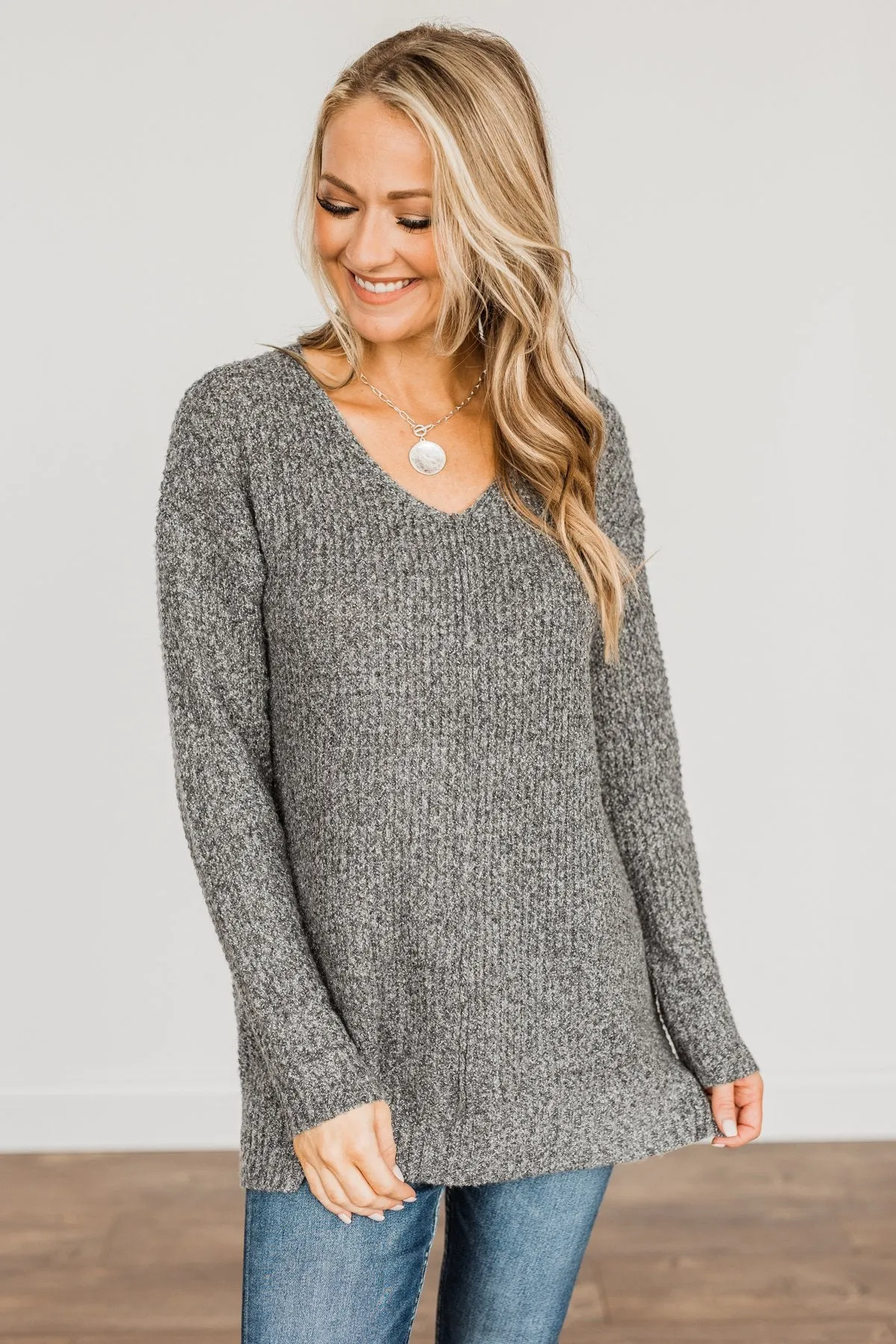 Because Of You Waffle Knit Sweater- Charcoal