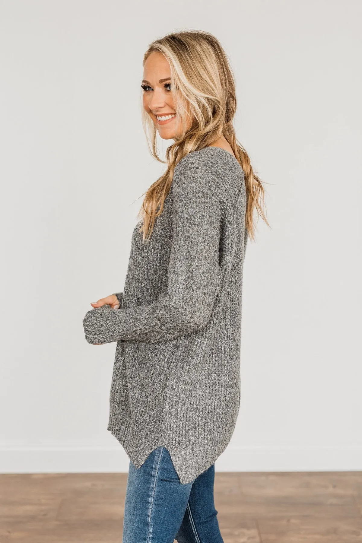 Because Of You Waffle Knit Sweater- Charcoal