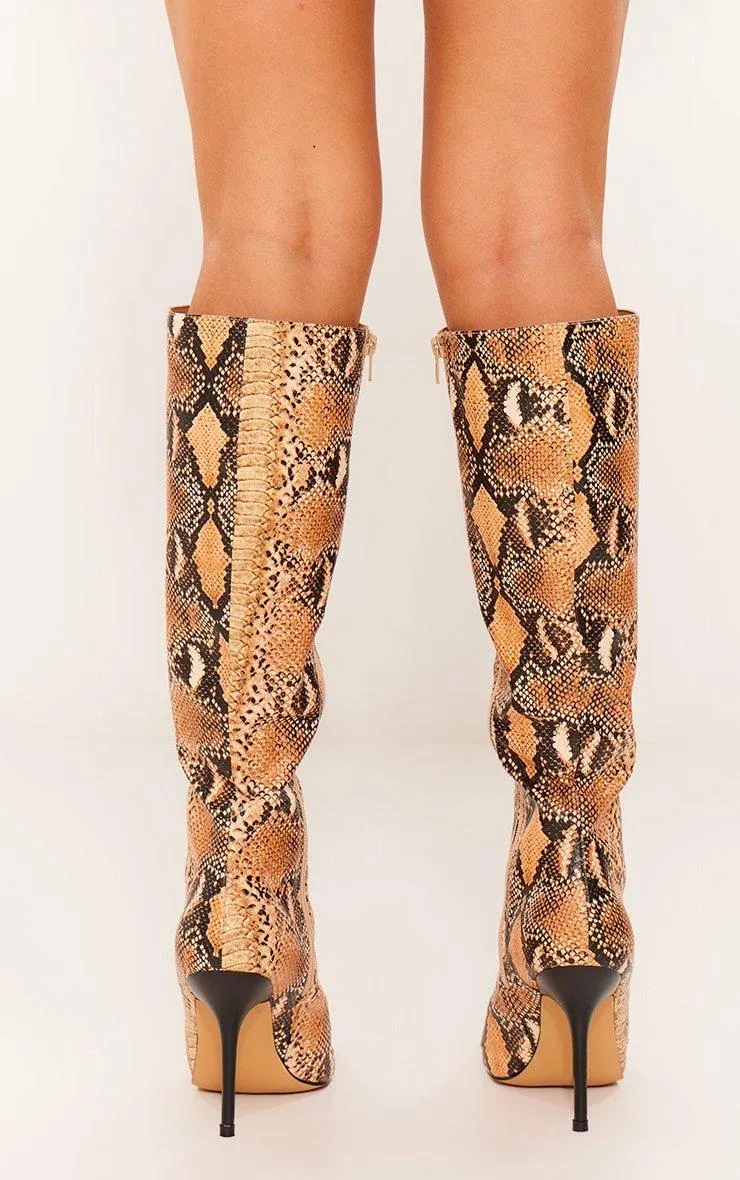 Boots | Snake Print PU Point Toe Knee High Heeled Boots | PrettyLittleThing