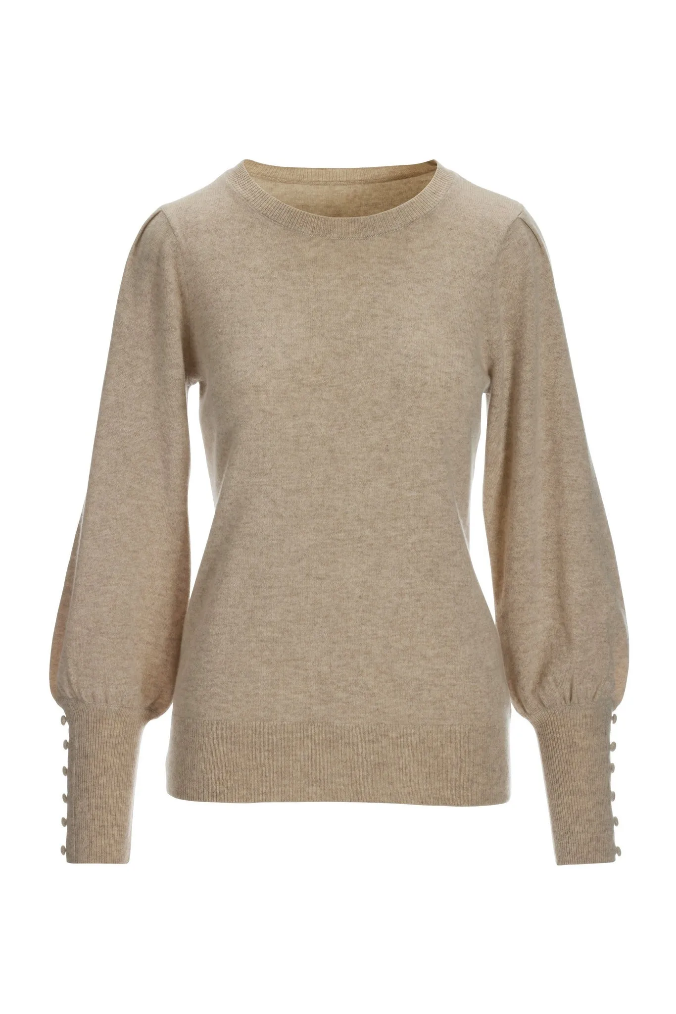 Cashmere Button-Cuff Puff-Sleeve Sweater Heather Camel