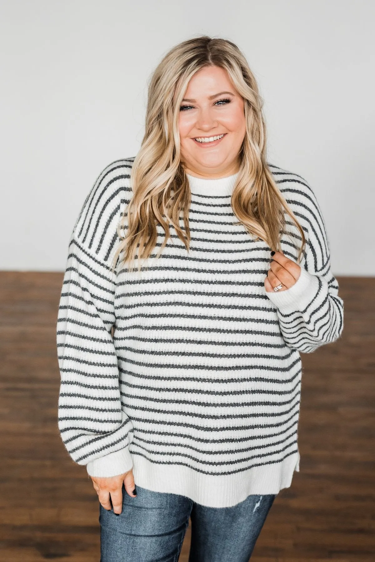 Feeling Fabulous Striped Knit Sweater- Ivory & Charcoal