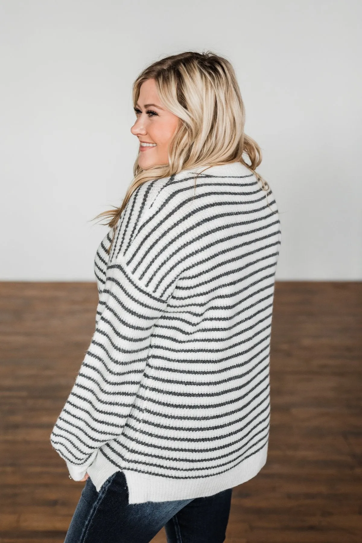 Feeling Fabulous Striped Knit Sweater- Ivory & Charcoal