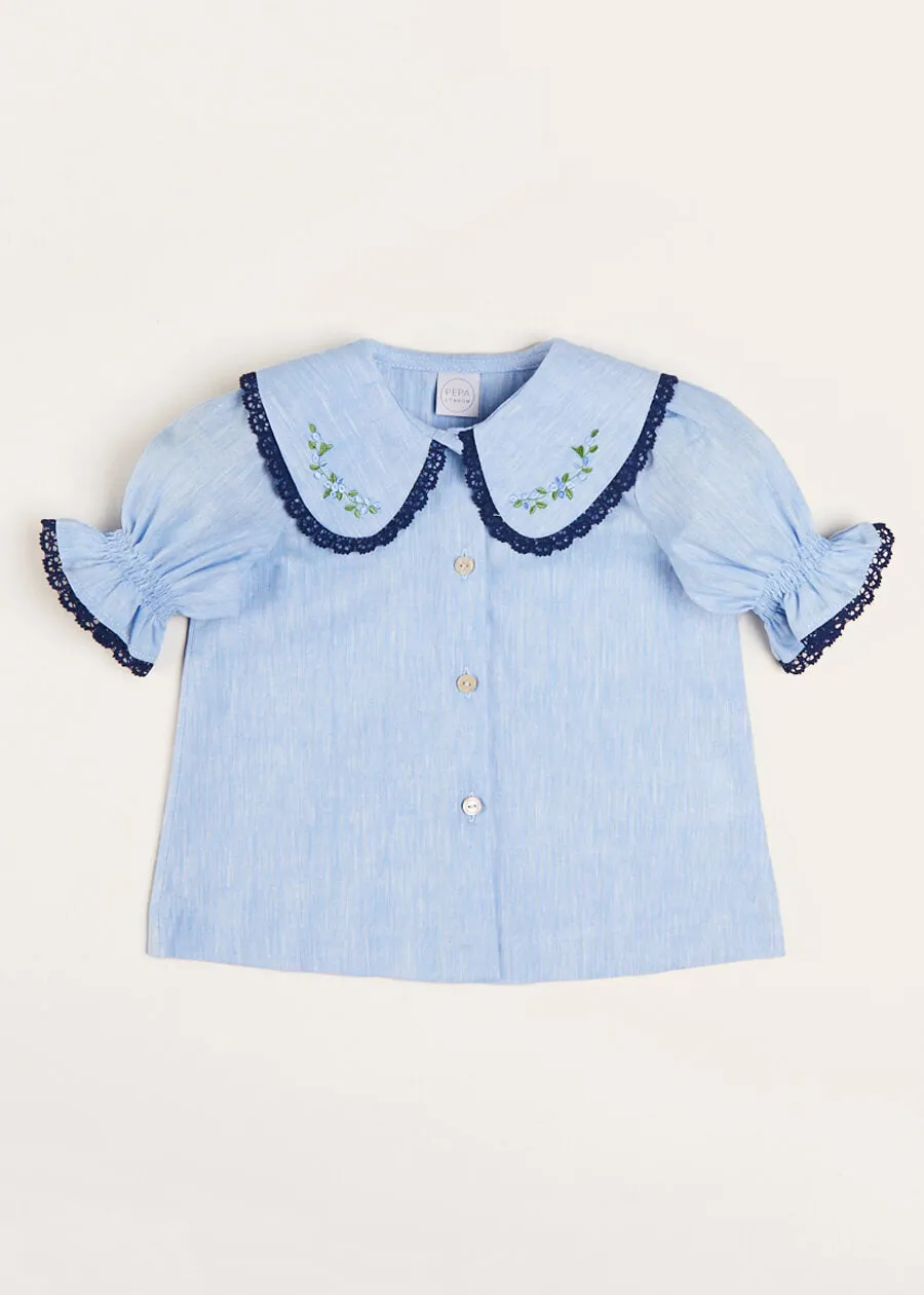 Floral Embroidered Collar Short Sleeve Blouse in Blue (18mths-10yrs)