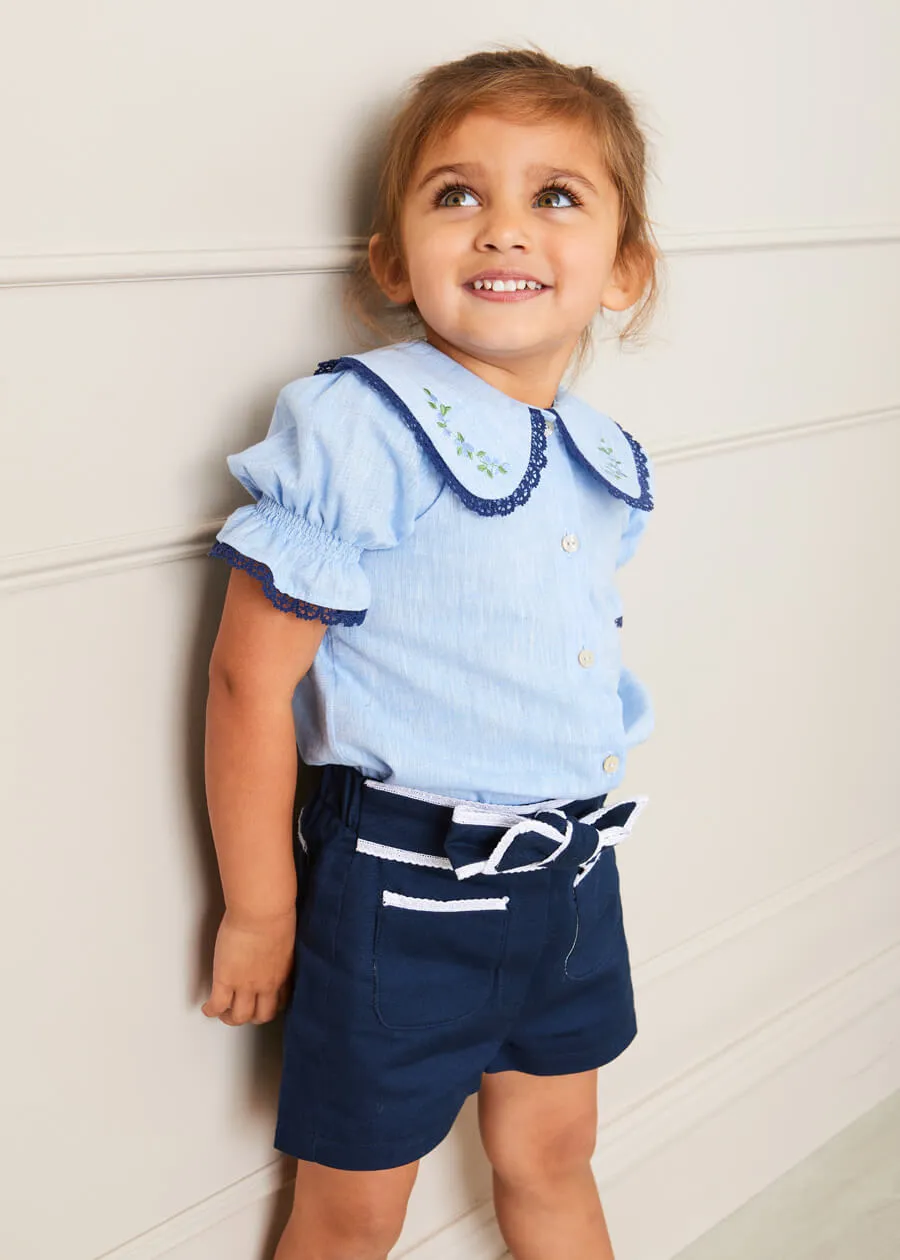 Floral Embroidered Collar Short Sleeve Blouse in Blue (18mths-10yrs)