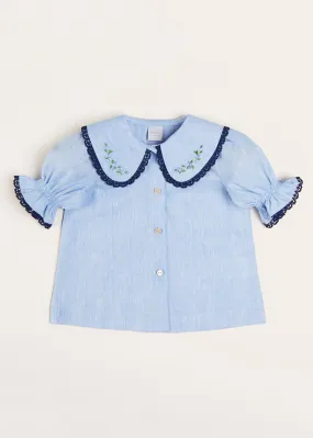 Floral Embroidered Collar Short Sleeve Blouse in Blue (18mths-10yrs)