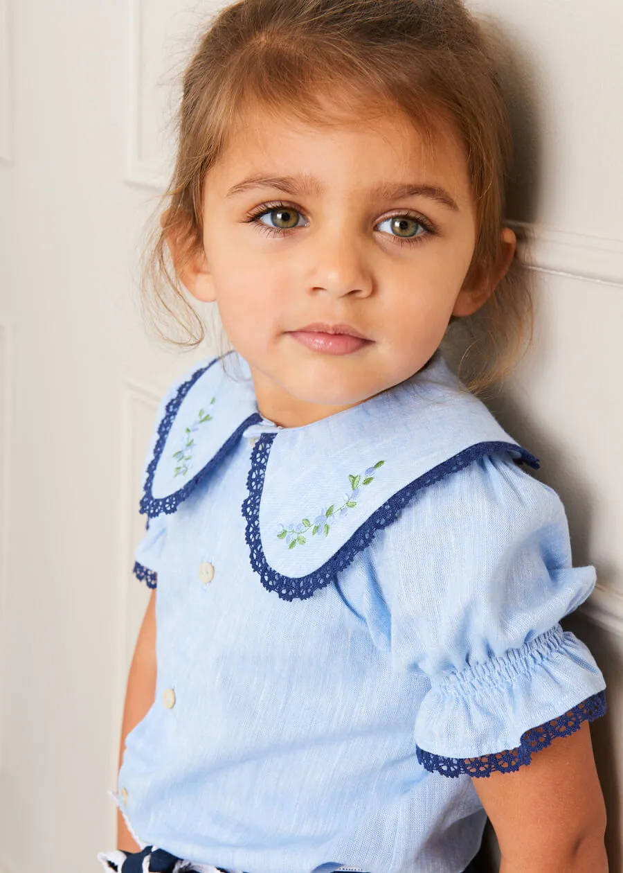 Floral Embroidered Collar Short Sleeve Blouse in Blue (18mths-10yrs)