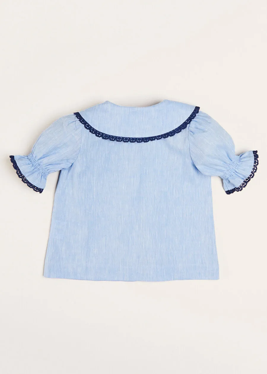 Floral Embroidered Collar Short Sleeve Blouse in Blue (18mths-10yrs)