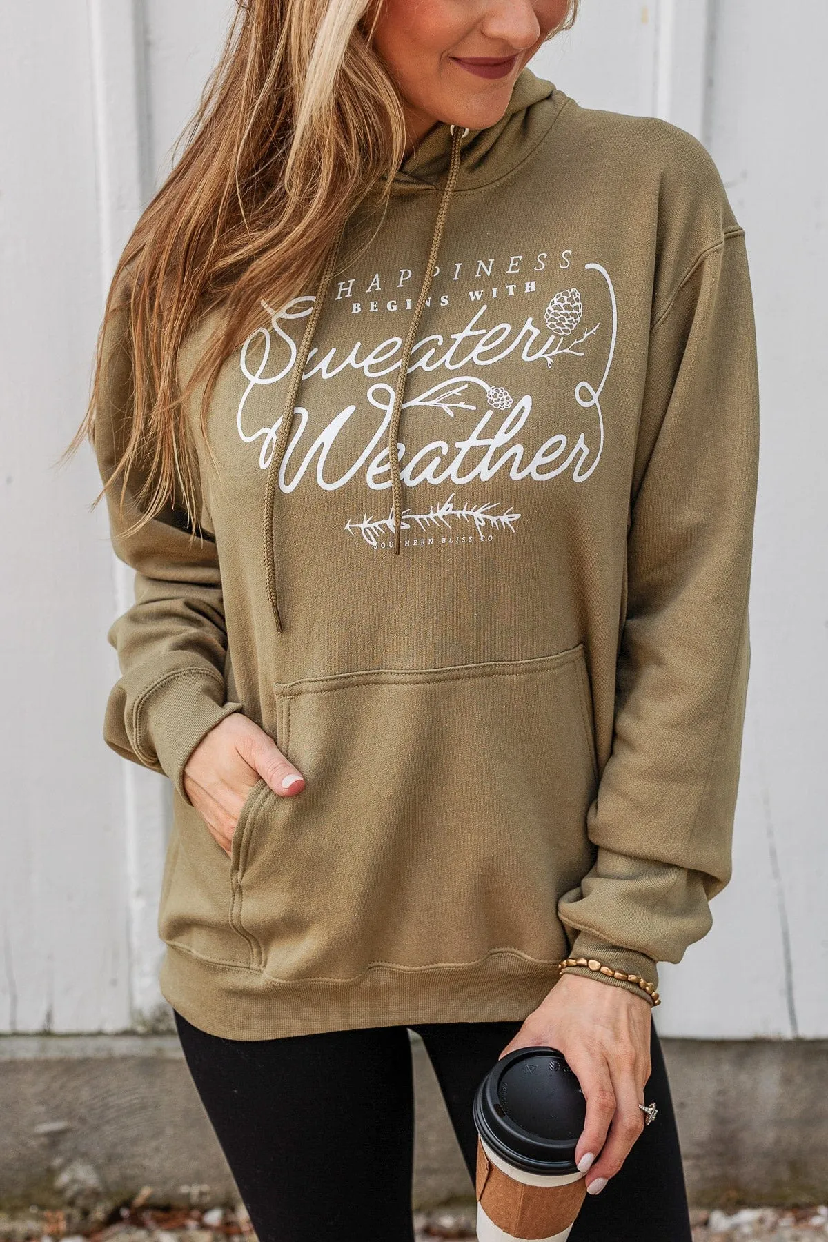 Happiness Begins With Sweater Weather Hoodie- Olive