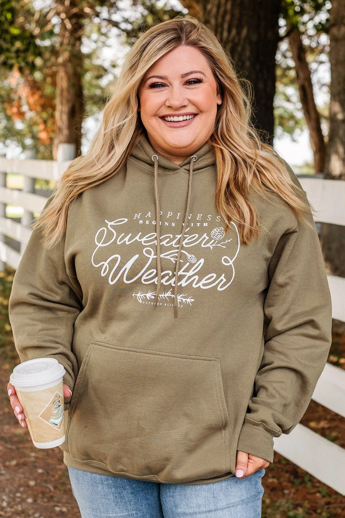 Happiness Begins With Sweater Weather Hoodie- Olive