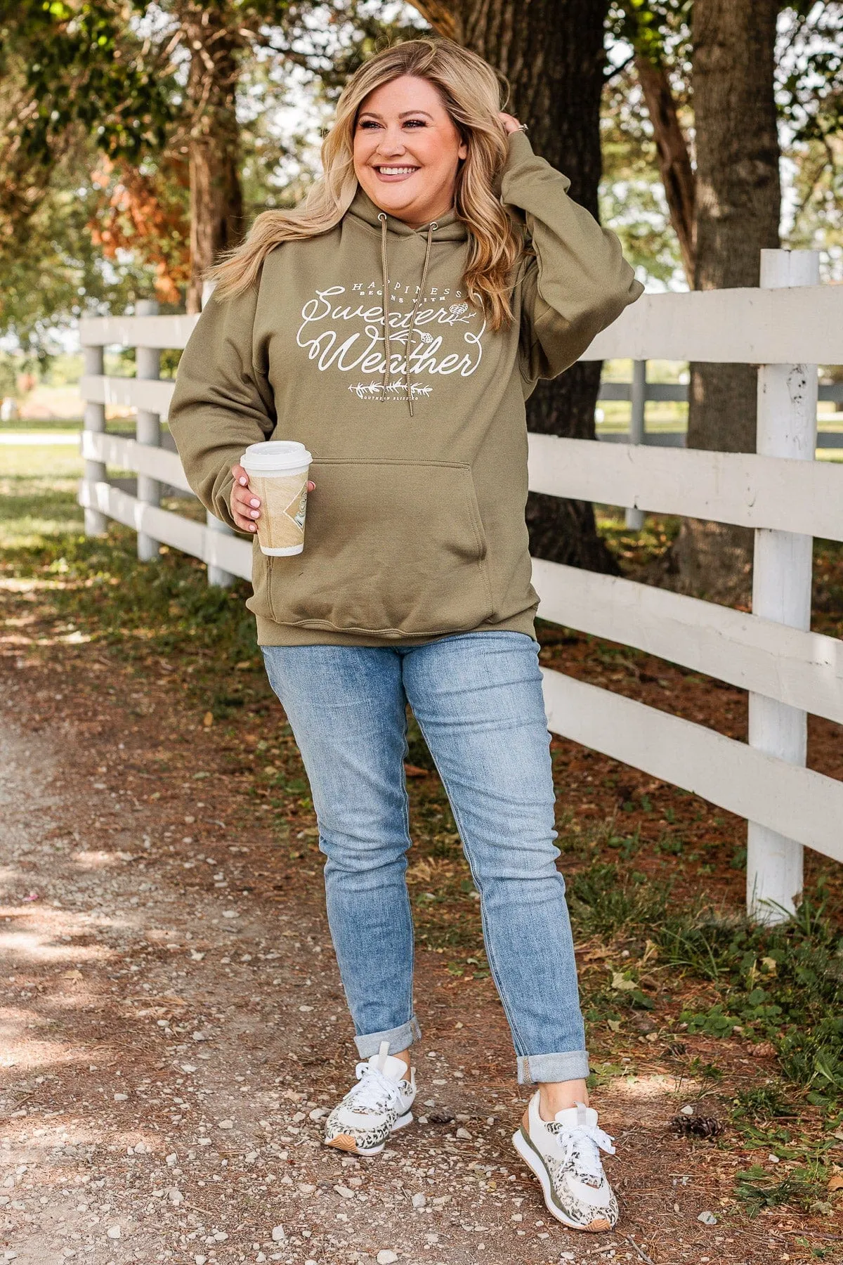 Happiness Begins With Sweater Weather Hoodie- Olive