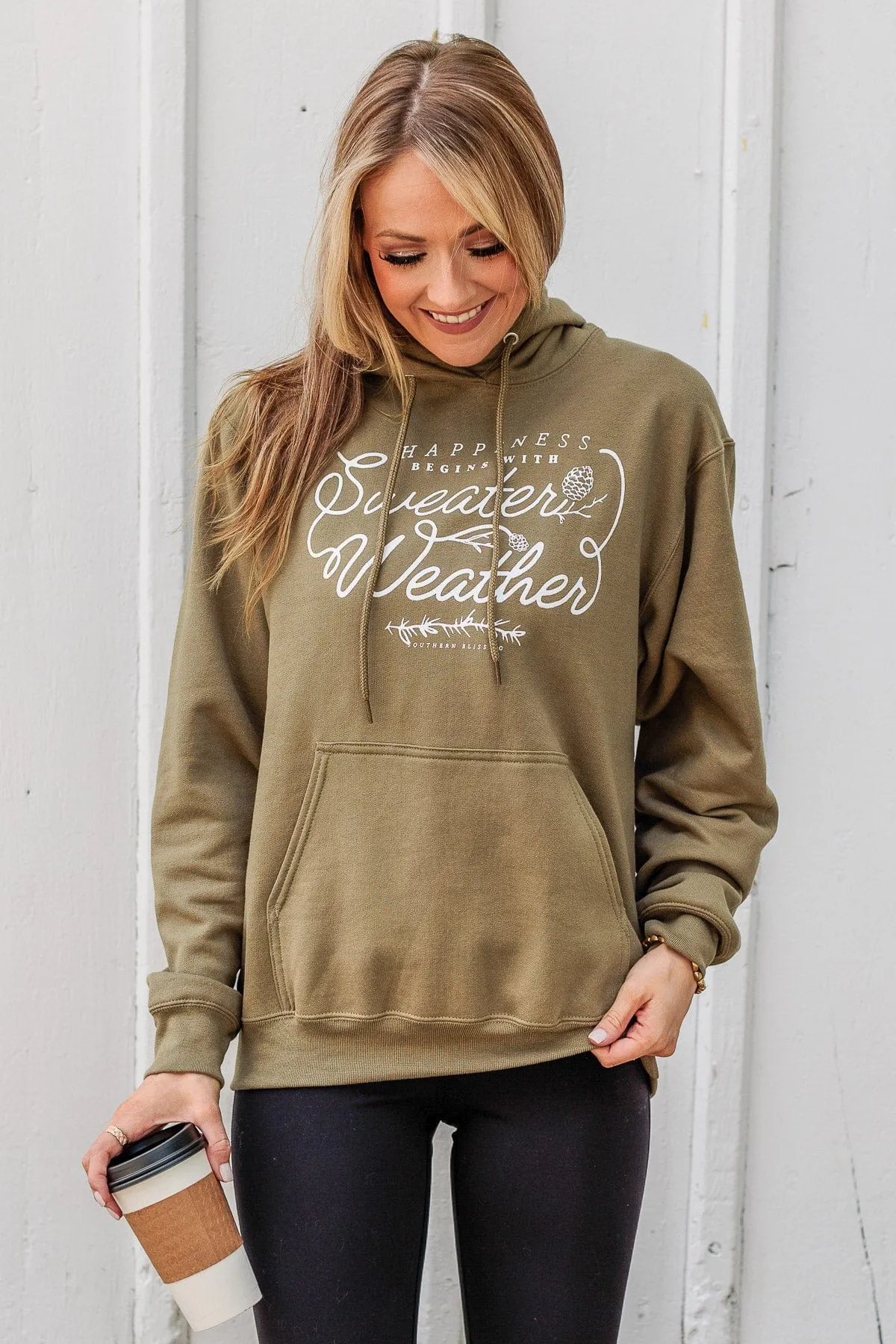 Happiness Begins With Sweater Weather Hoodie- Olive