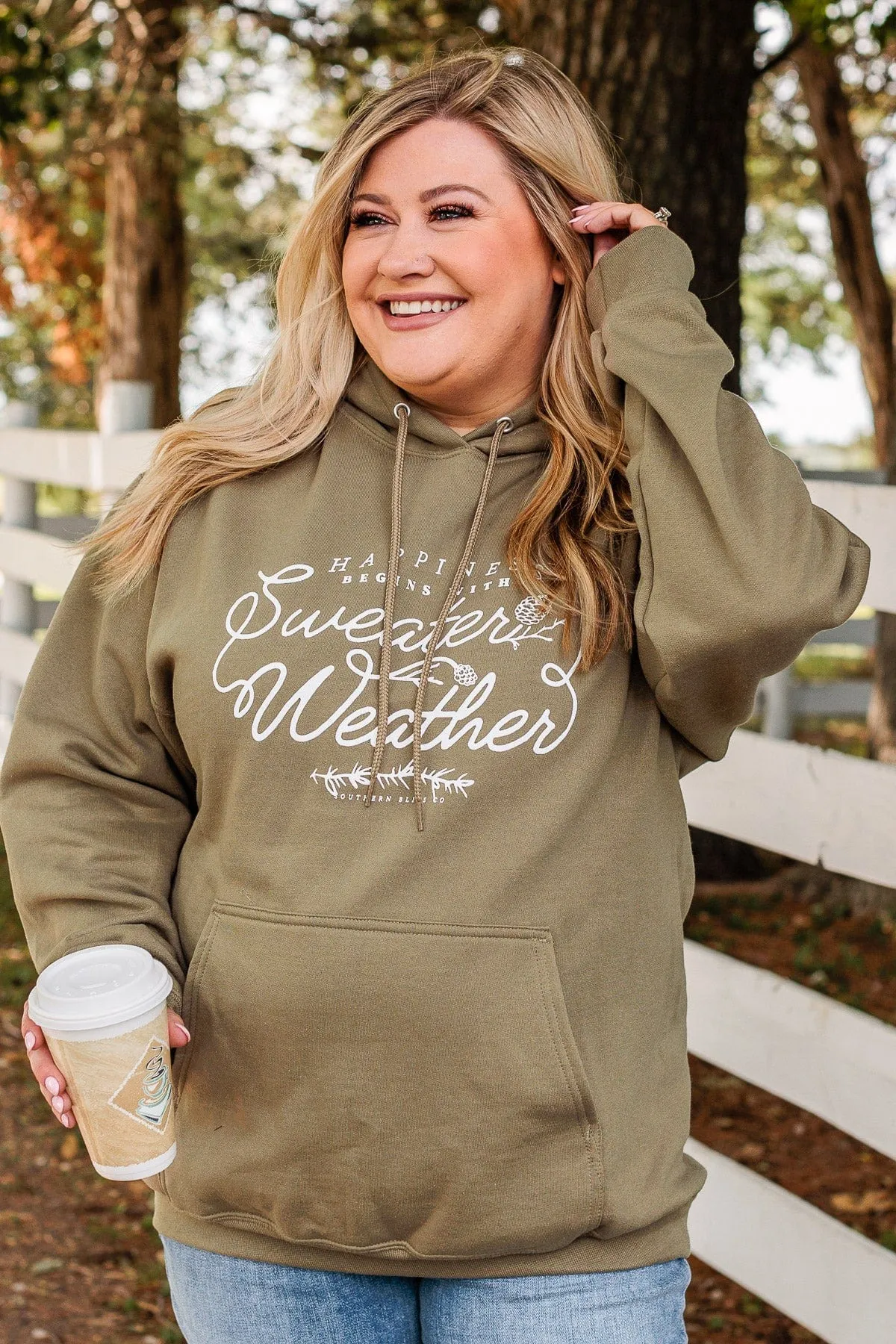 Happiness Begins With Sweater Weather Hoodie- Olive