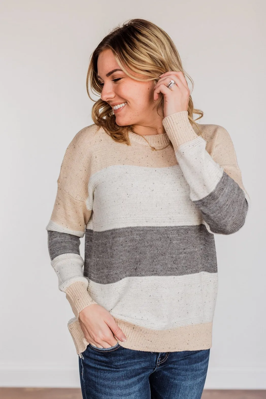 Joyful Laughter Color Block Sweater- Oatmeal & Grey