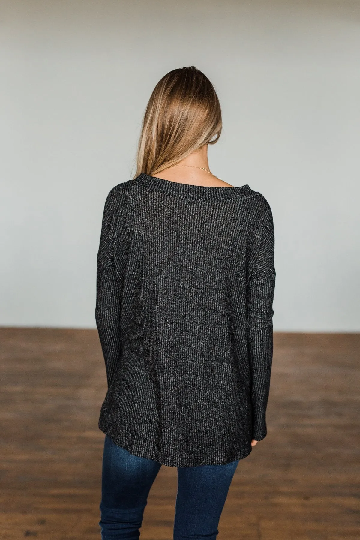 Majestic Mornings Knit V-Neck Sweater- Charcoal