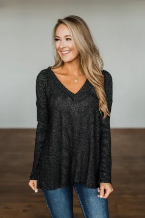 Majestic Mornings Knit V-Neck Sweater- Charcoal