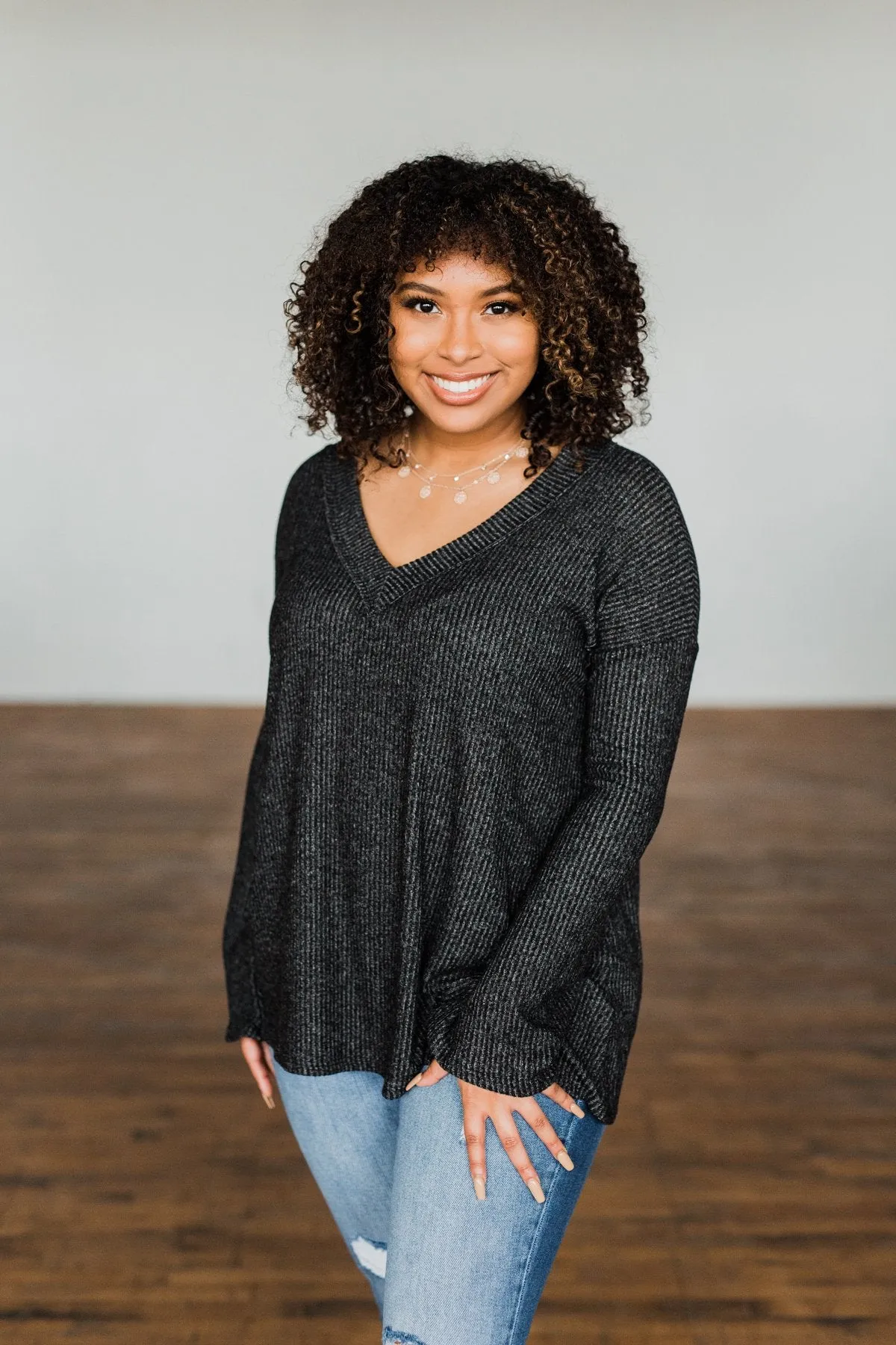 Majestic Mornings Knit V-Neck Sweater- Charcoal