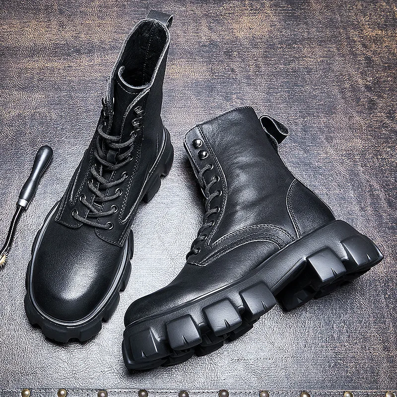 Men Black Patent Leather Platform Boots 