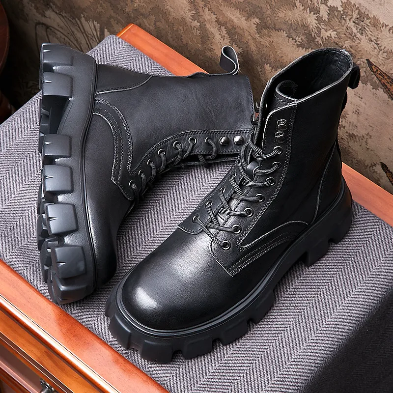 Men Black Patent Leather Platform Boots 