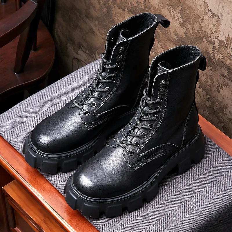 Men Black Patent Leather Platform Boots 