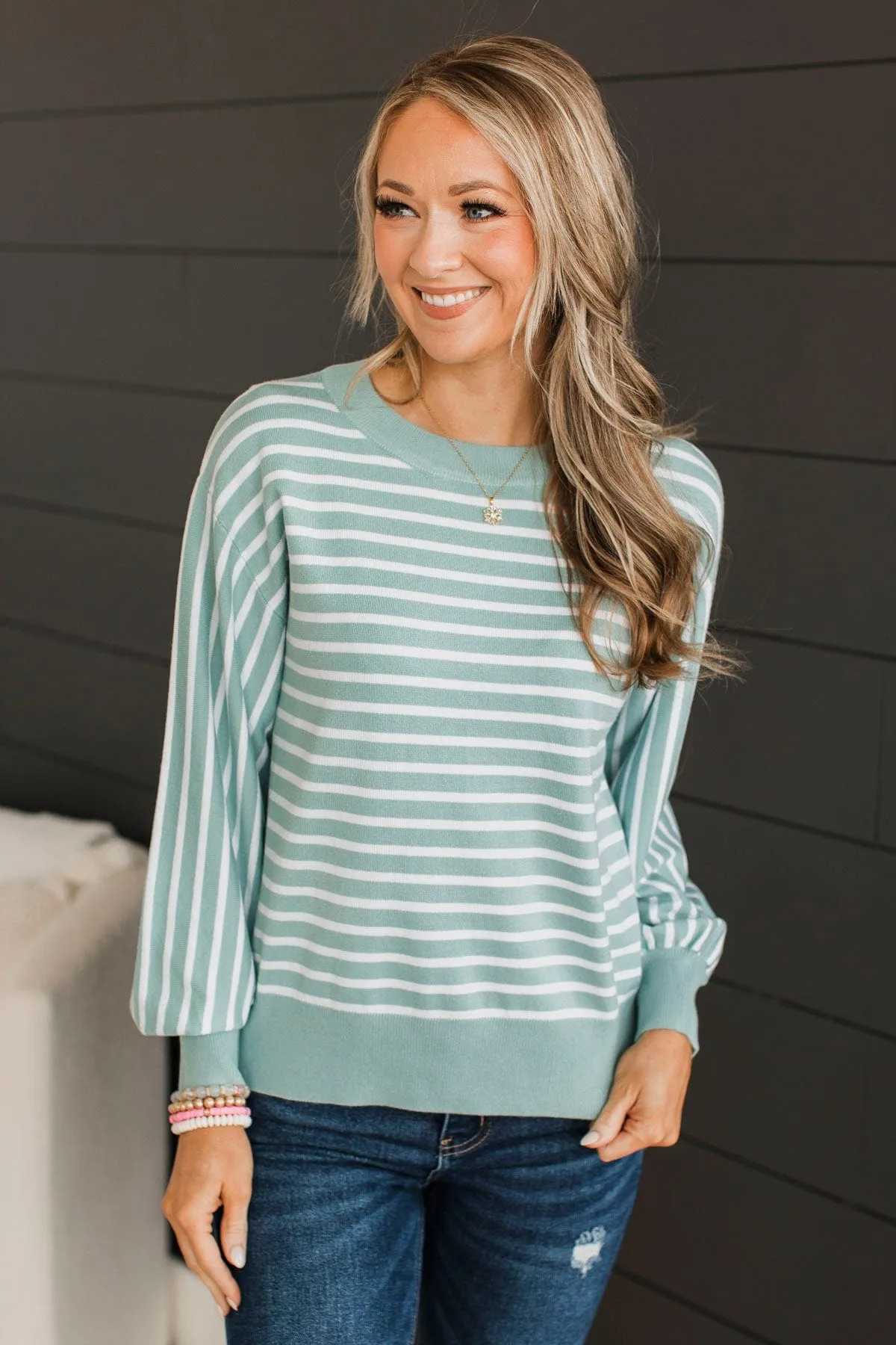 No One Sweeter Striped Sweater- Dusty Mint