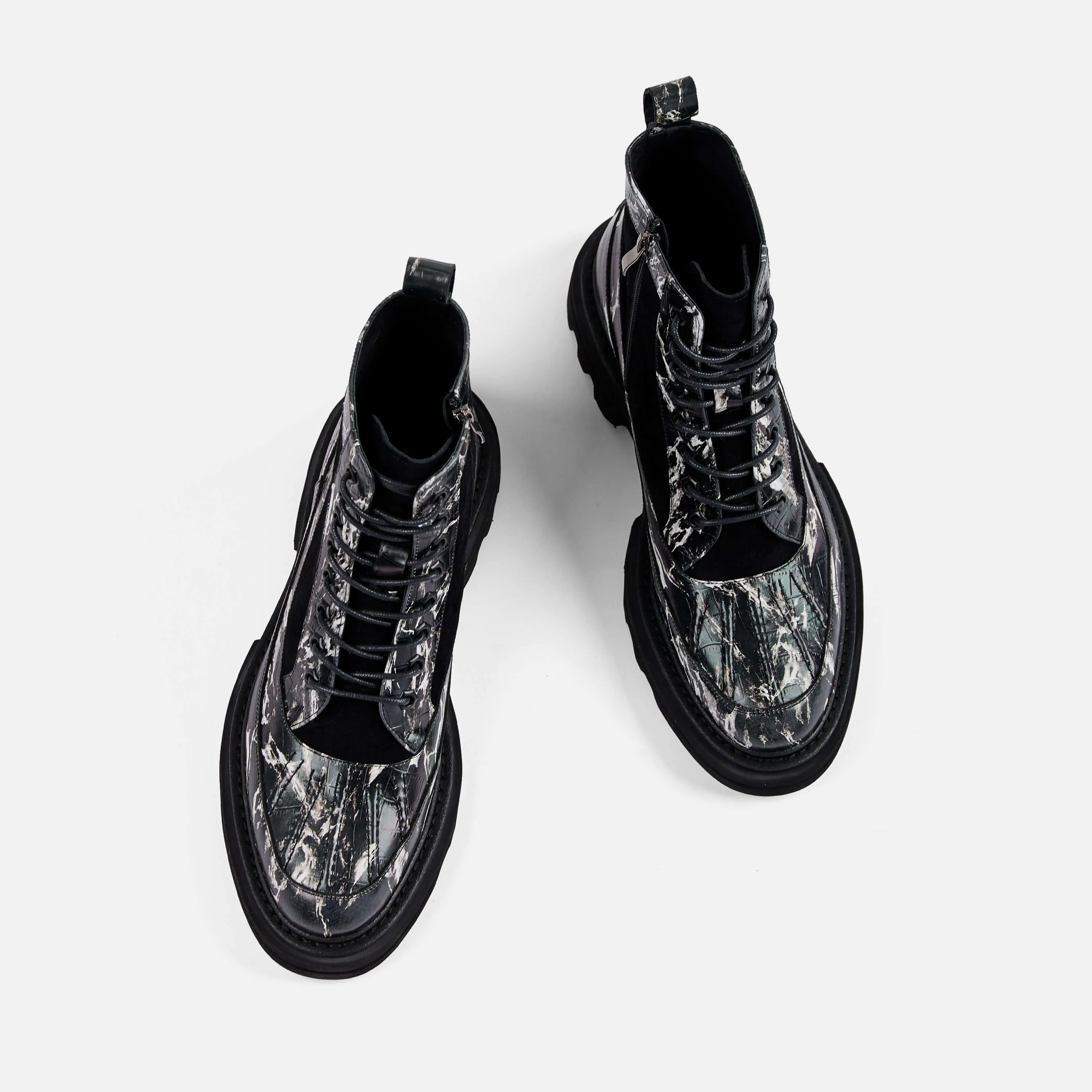 Odin Black Marble Leather Combat Boots