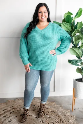 Open Knit V Neck Sweater In Aqua