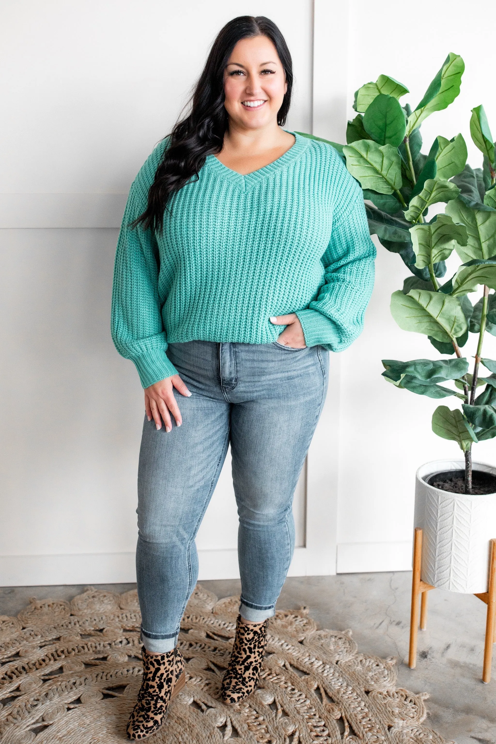 Open Knit V Neck Sweater In Aqua