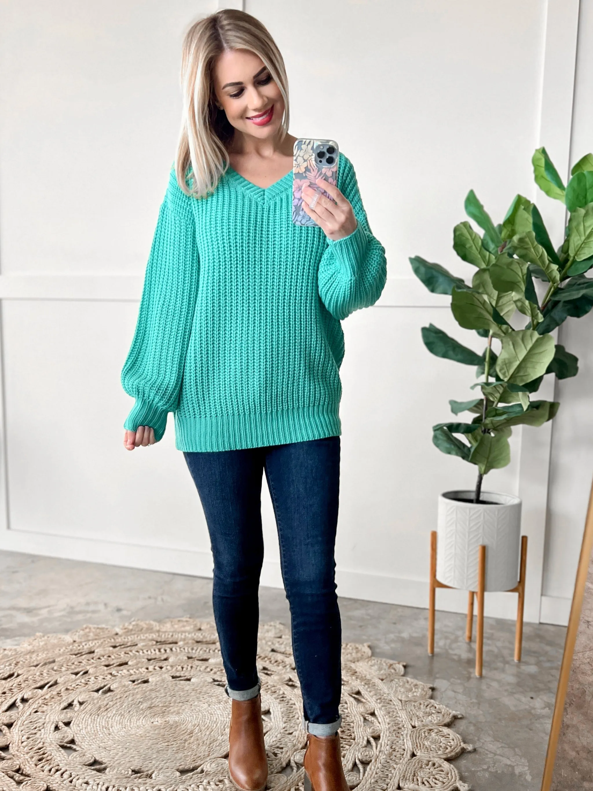 Open Knit V Neck Sweater In Aqua