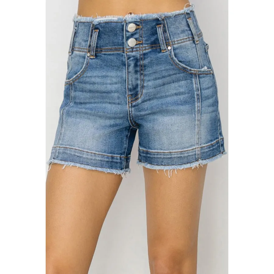 RISEN High Rise Seam Detailed Raw Edge Denim Shorts