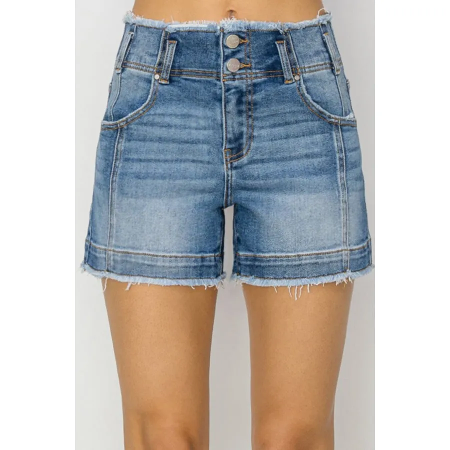 RISEN High Rise Seam Detailed Raw Edge Denim Shorts