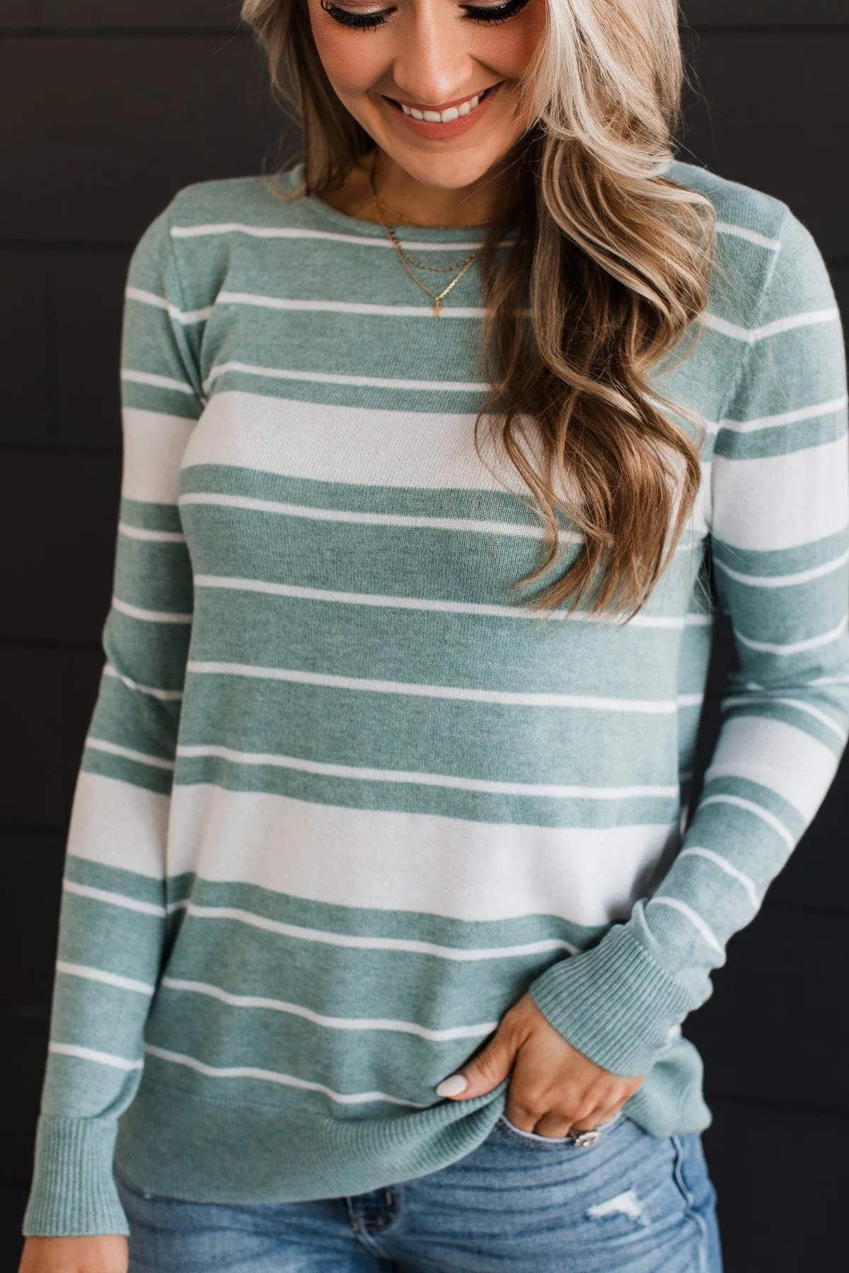 Roll With It Striped Sweater- Dusty Teal