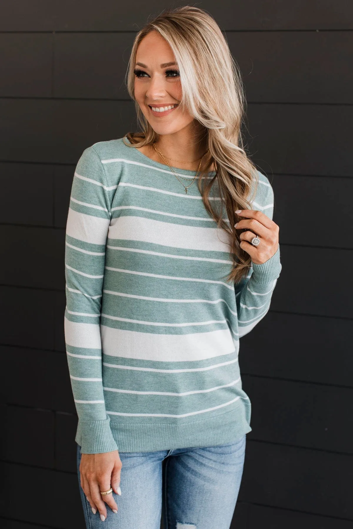 Roll With It Striped Sweater- Dusty Teal