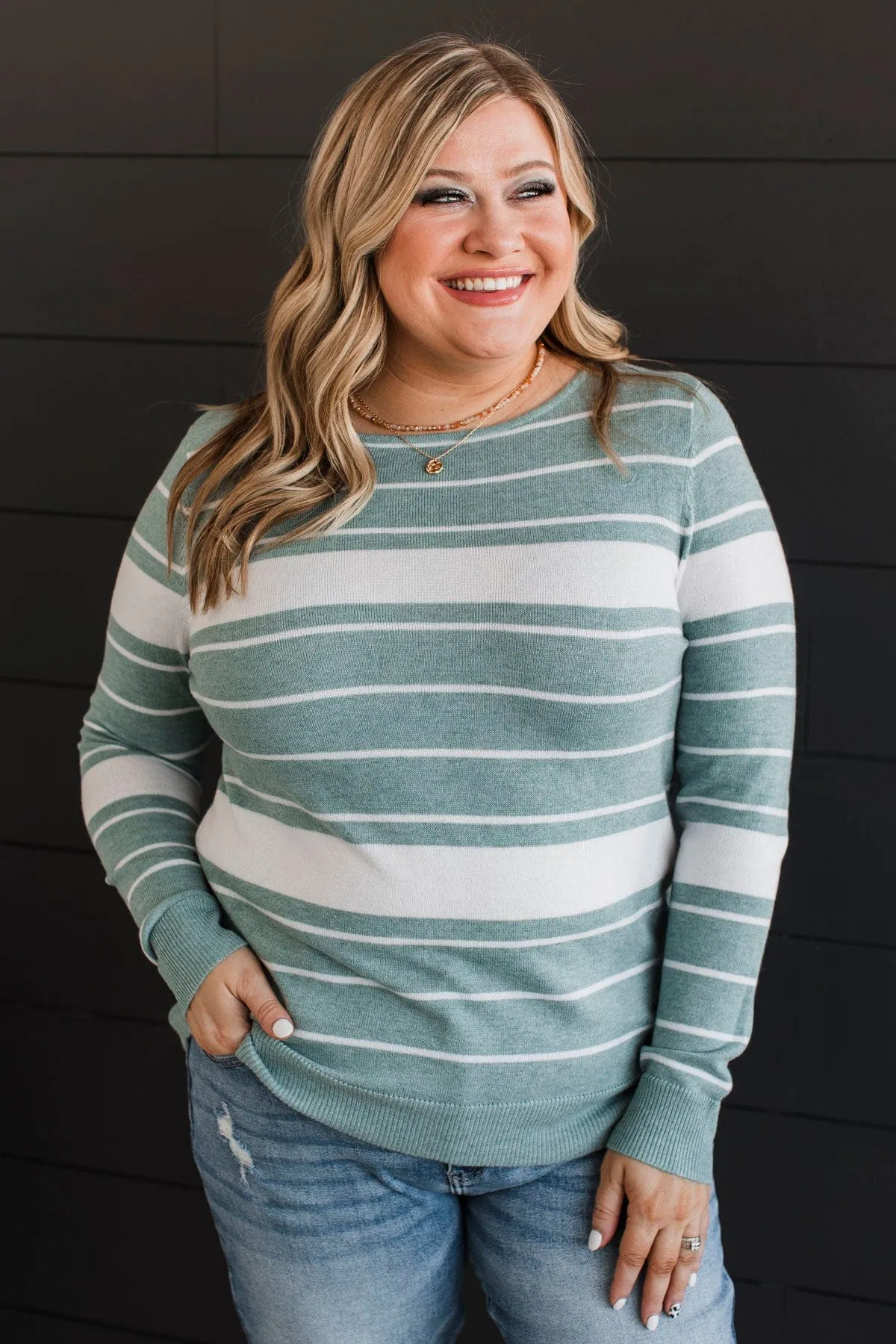 Roll With It Striped Sweater- Dusty Teal