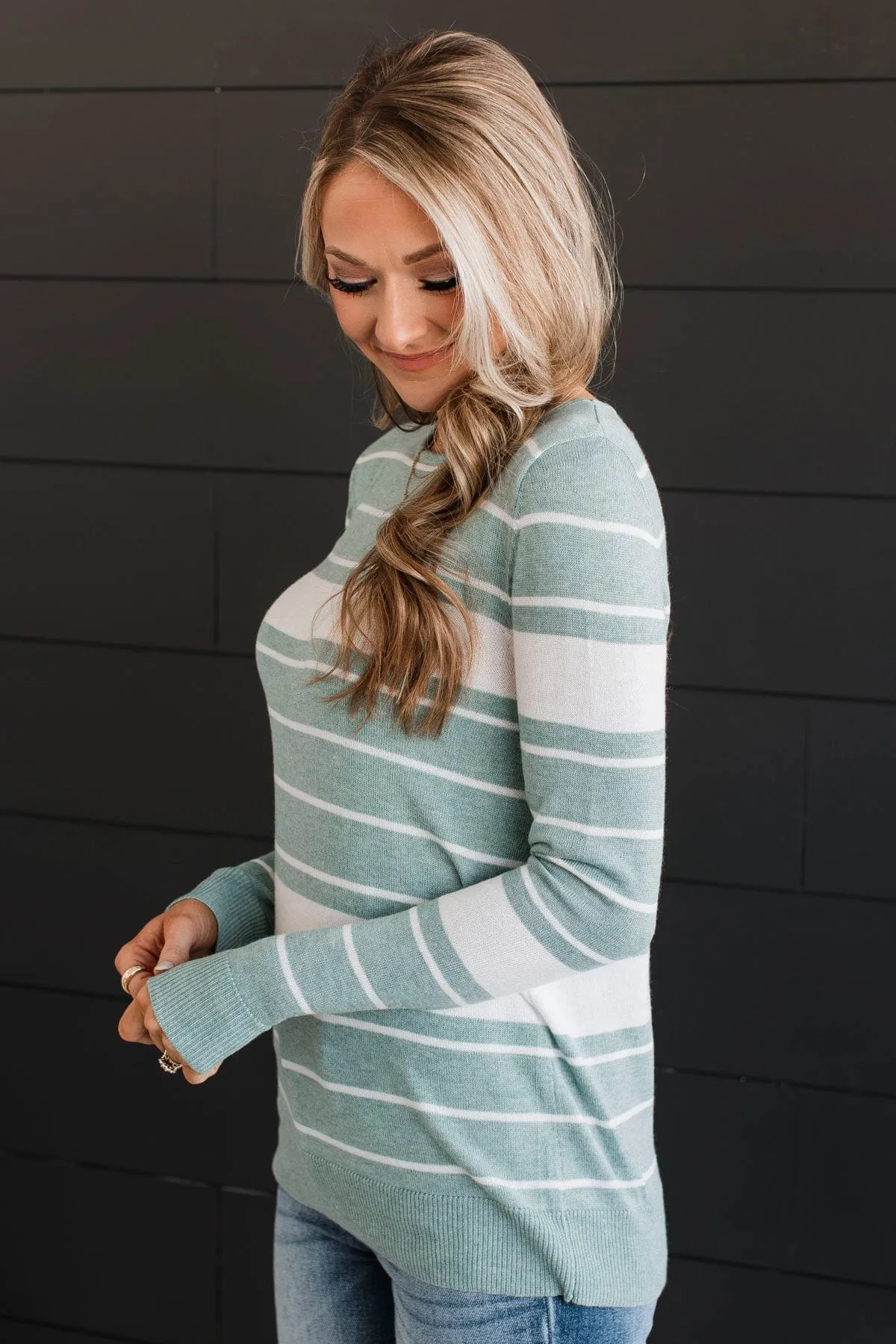 Roll With It Striped Sweater- Dusty Teal