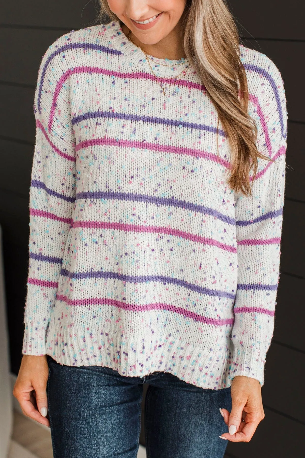 Stay Tuned Confetti Knit Sweater- Ivory & Lavender