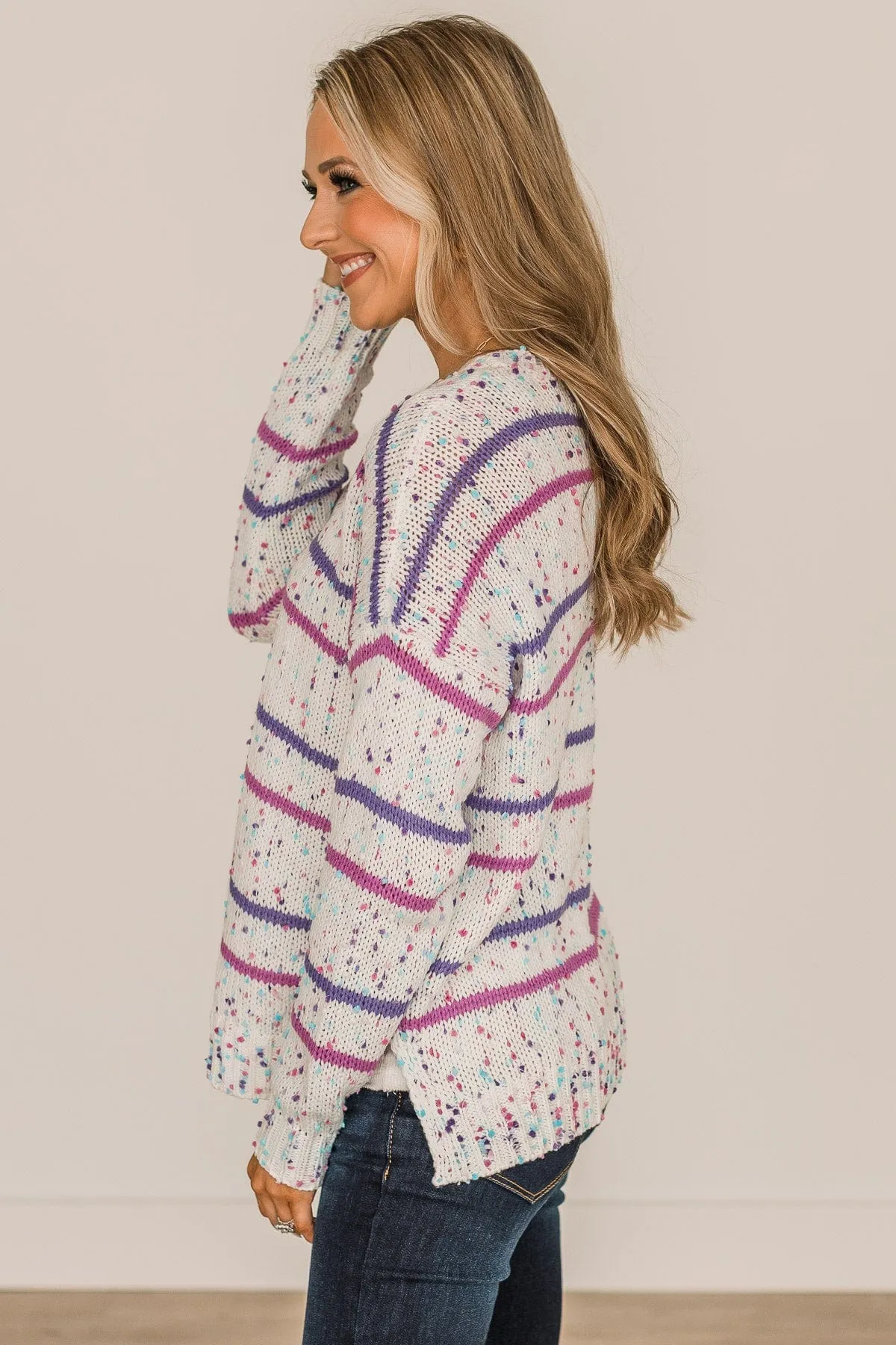 Stay Tuned Confetti Knit Sweater- Ivory & Lavender