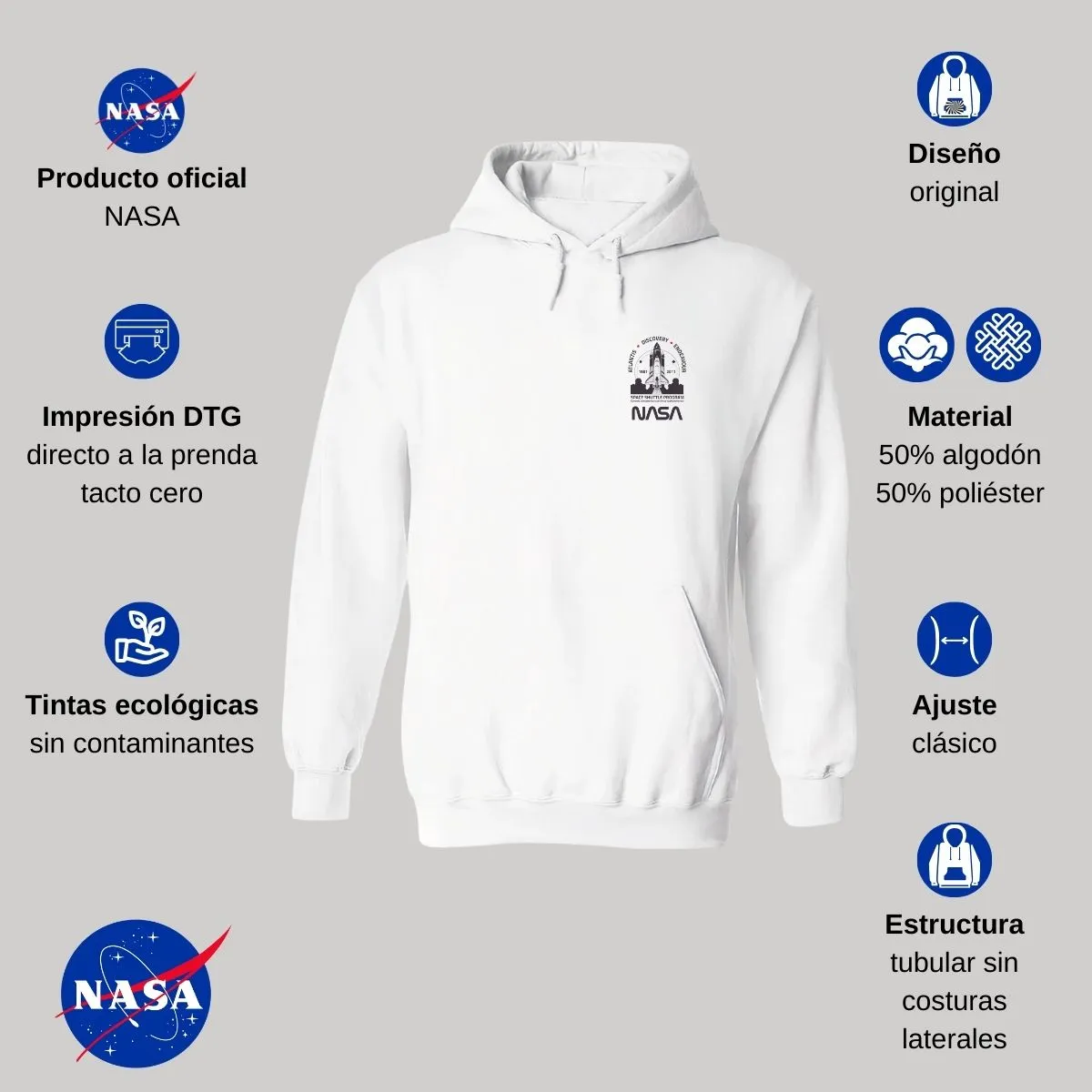 Sudadera Hombre Hoodie Nasa Cohete Espacial Escudo