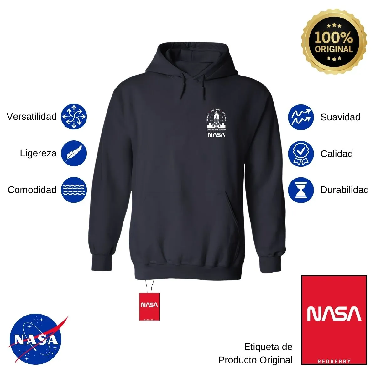 Sudadera Hombre Hoodie Nasa Cohete Espacial Escudo