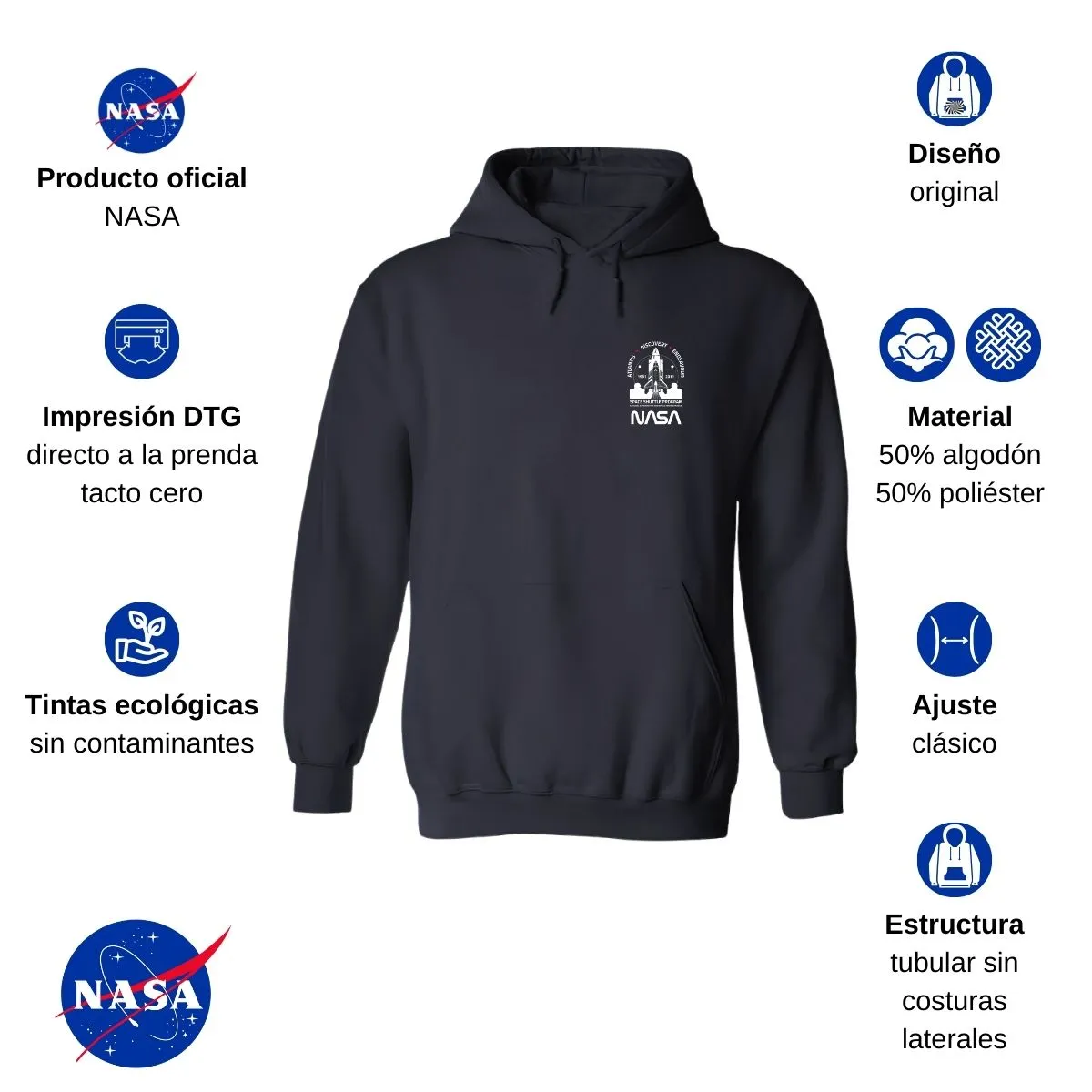 Sudadera Hombre Hoodie Nasa Cohete Espacial Escudo