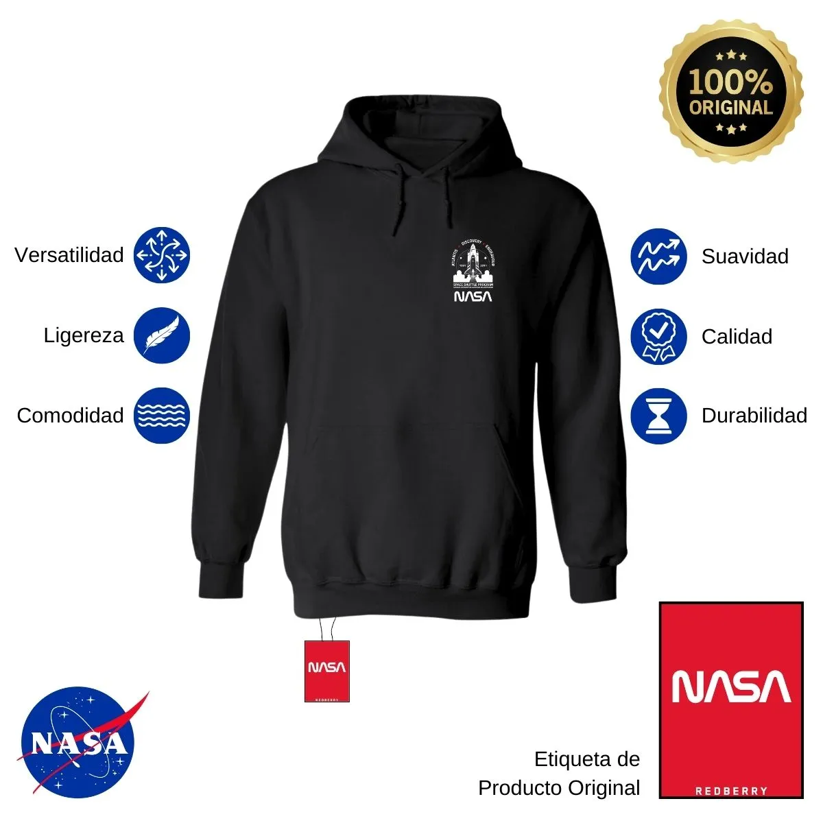 Sudadera Hombre Hoodie Nasa Cohete Espacial Escudo