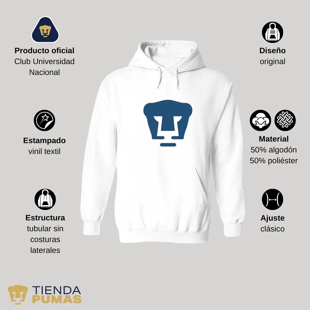 Sudadera Hombre Hoodie Pumas UNAM Logo Azul Vinil