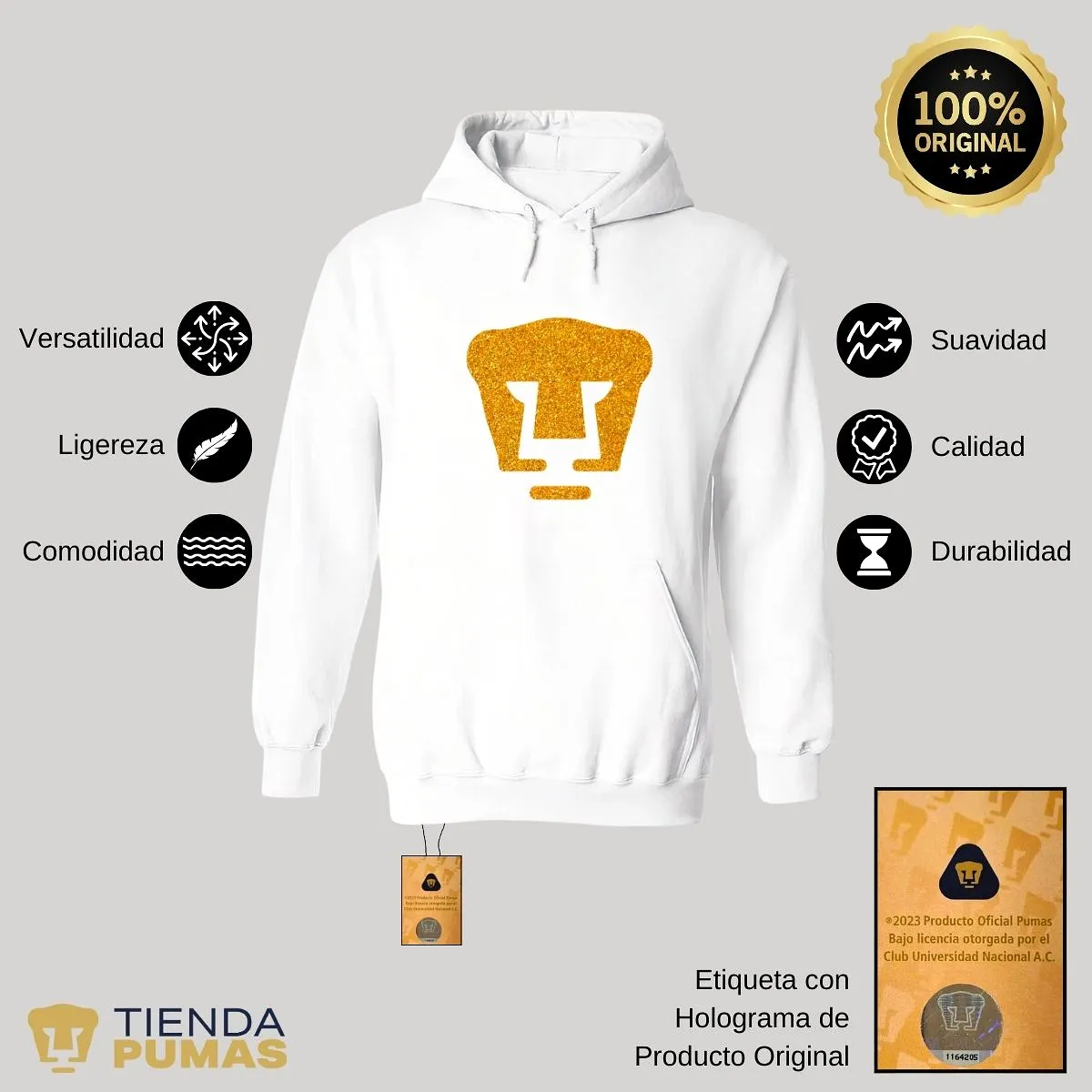 Sudadera Hombre Hoodie Pumas UNAM Logo Dorado Glitter