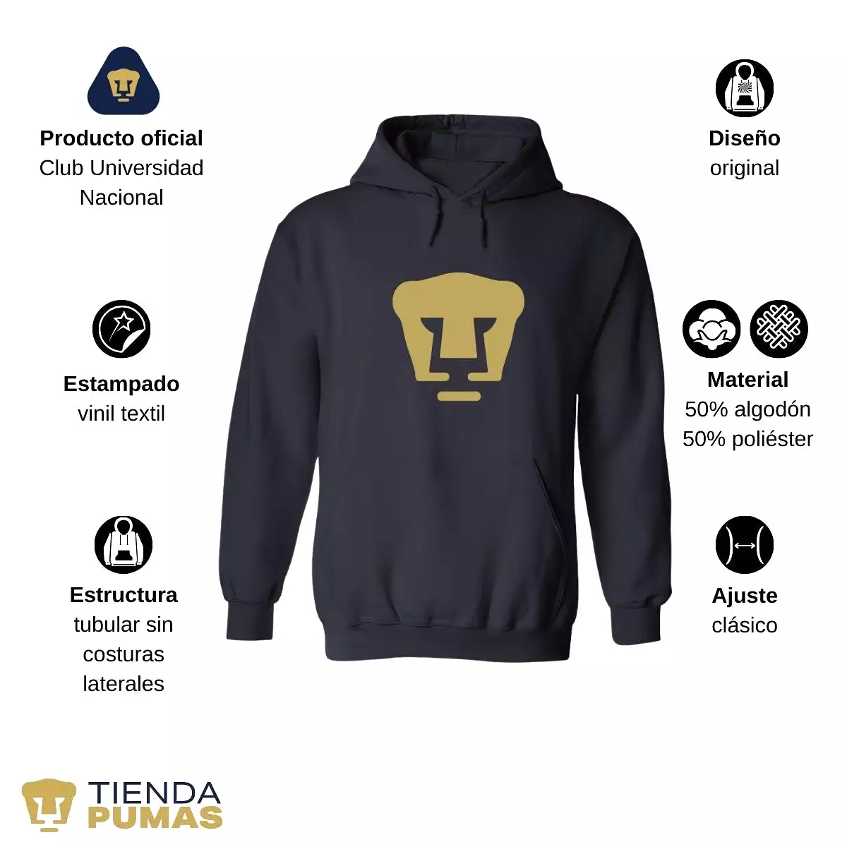 Sudadera Hombre Hoodie Pumas UNAM Logo Dorado Vinil