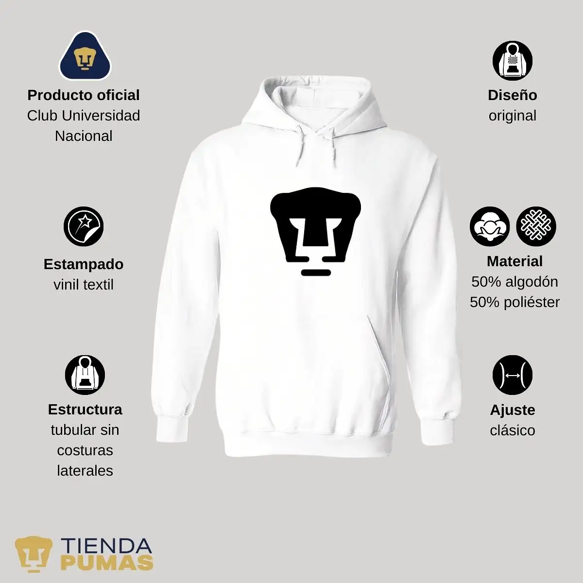 Sudadera Hombre Hoodie Pumas UNAM Logo Monocromatico Vinil