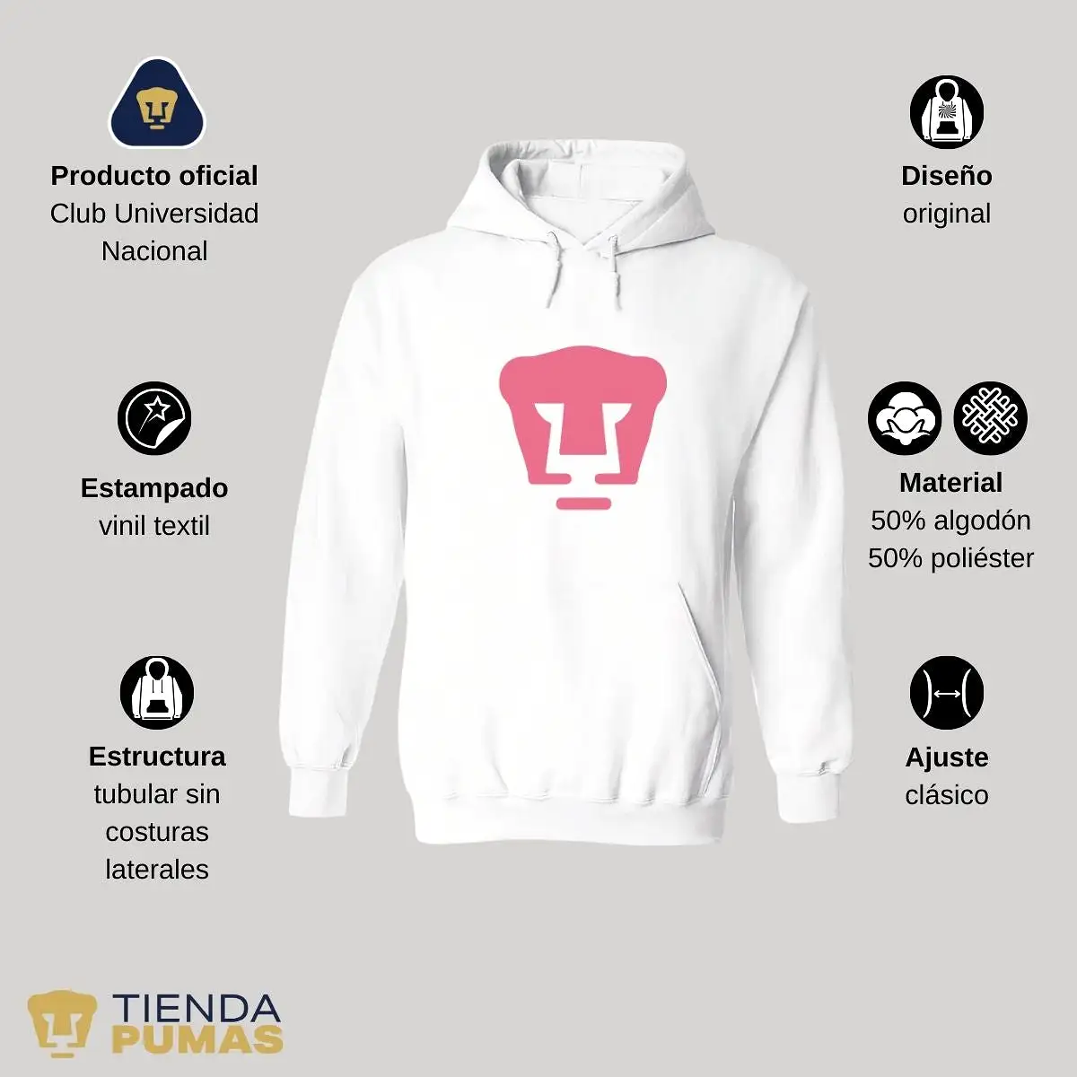 Sudadera Hombre Hoodie Pumas UNAM Logo Rosa Vinil