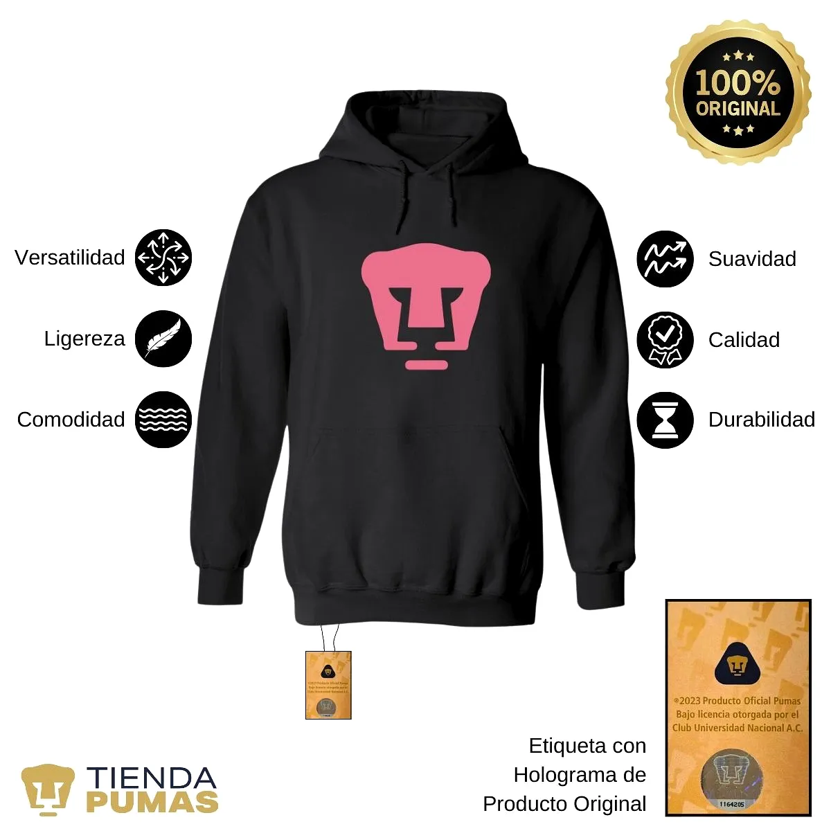 Sudadera Hombre Hoodie Pumas UNAM Logo Rosa Vinil